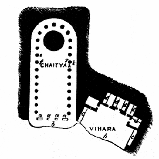 Bhaja Caves, plan of chaitya griha and nearby vihara
