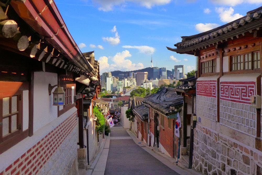 Bukchon Hanok Village with Seoul in the background