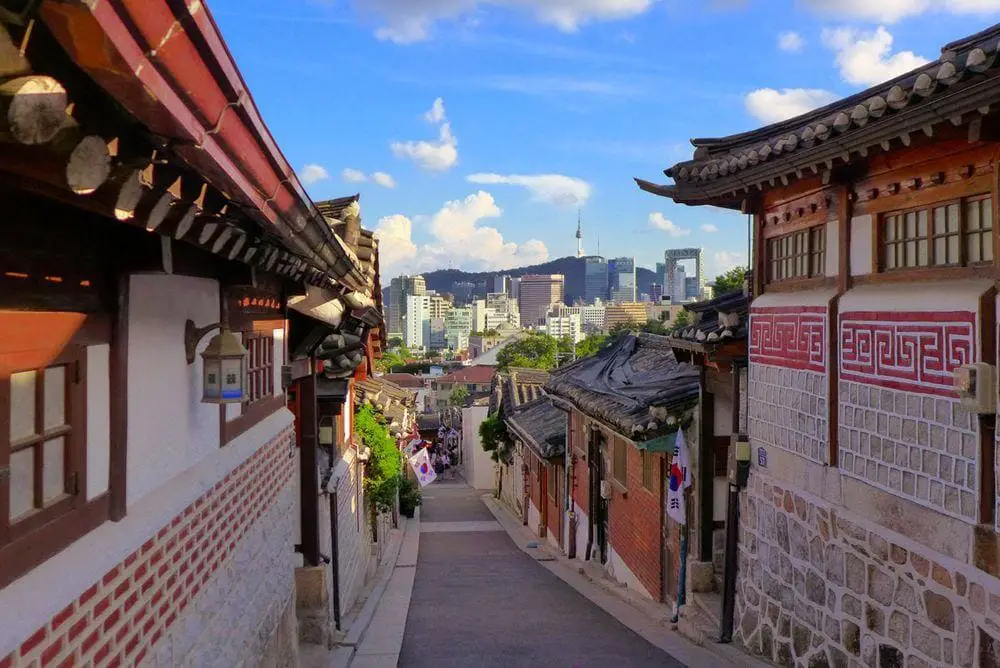 Bukchon Hanok Village with Seoul in the background