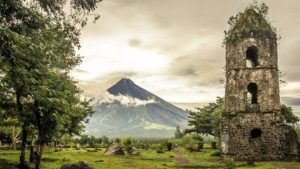 Ruins of Cagsawa Belfry and Mayon volcano, Philippines