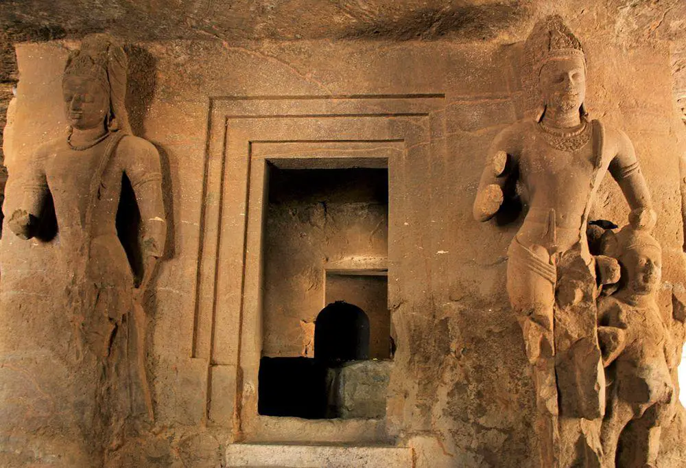 Dvarapalas guarding the shrine, Elephanta Caves in India