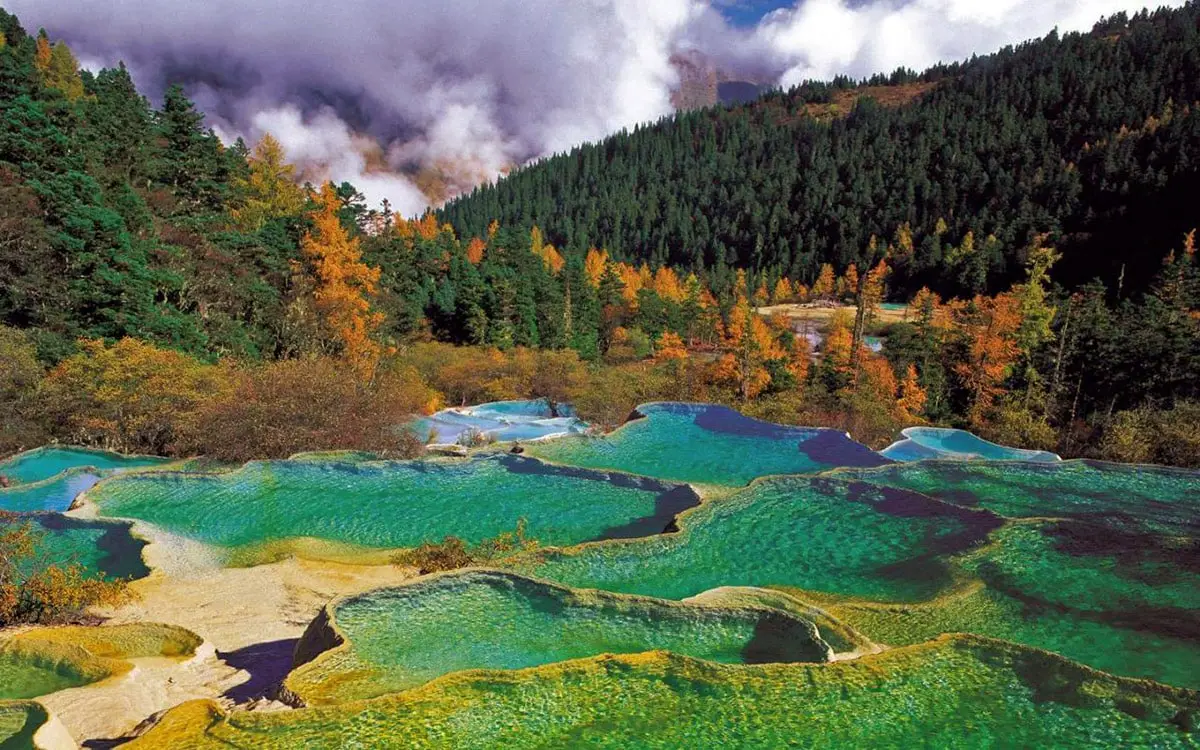 Travertine pools in Huanglong Valley, one of the wonders of China