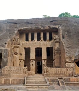 Kanheri Caves in India. Entrance in Cave 3 - the great chaitya. Giant Buddhas are not visible here.