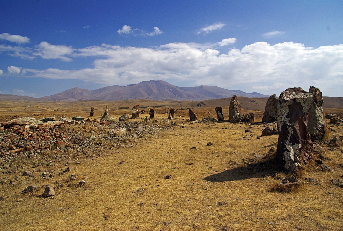 One side of Karahunj stone circle, with the central stone cyst seen in the left side, Armenia