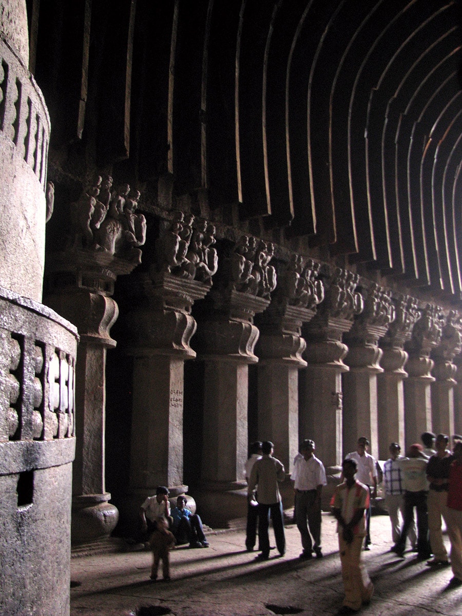 Karla Caves, the most magnificent rock-cut chaitya in India. Note the ancient wooden details