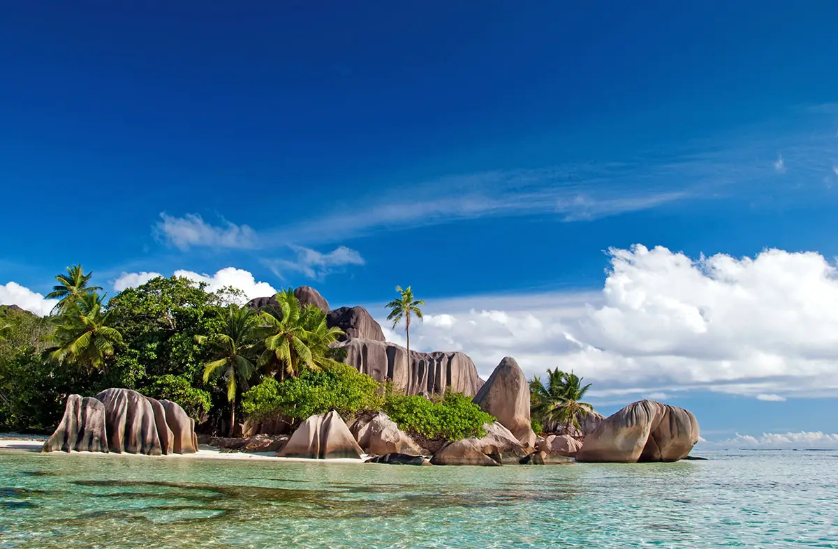 Beach in La Digue island. Seychelles are the only granitic mid-oceanic islands in the world