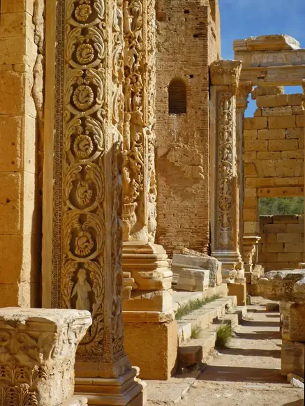 Basilica with reliefs depicting human inception and growth, Leptis Magna in Libya