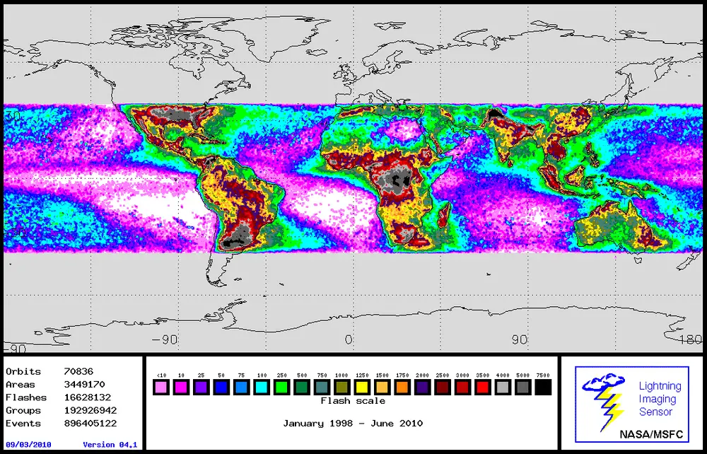 Frequency of lightning strikes in tropical belt of Earth, 1998 - 2010