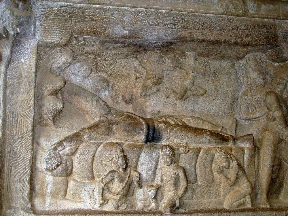 Anantasayana sculpted panel in Mahishasura Mardini Cave, Tamil Nadu
