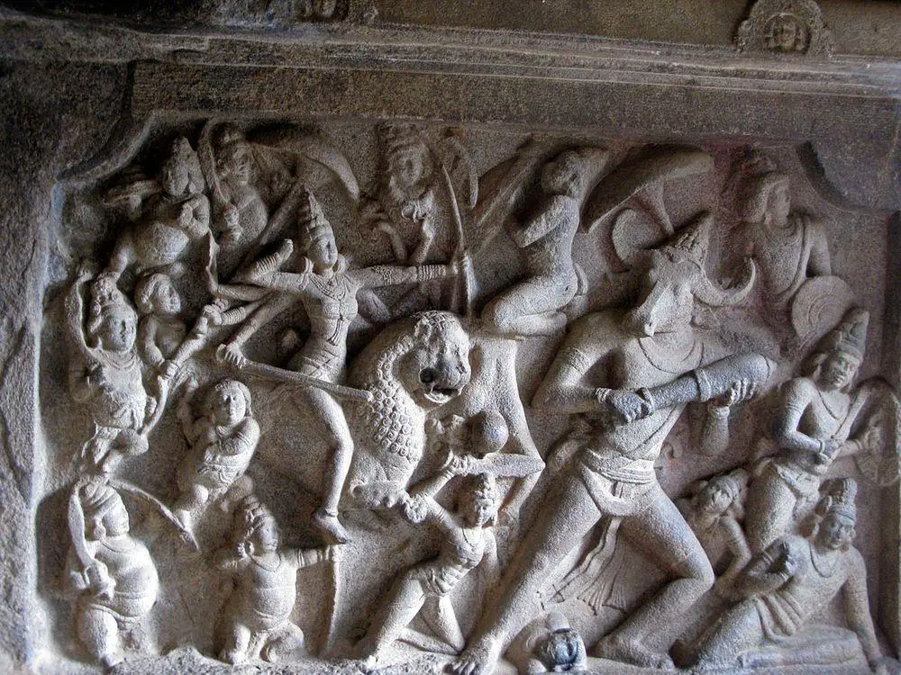 Mahishasura Mardini panel in Mahishasura Mardini Cave, Tamil Nadu