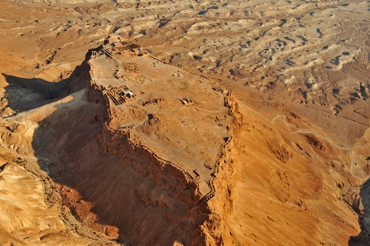 Masada fortress. Double fortification wall around the plateau is well visible