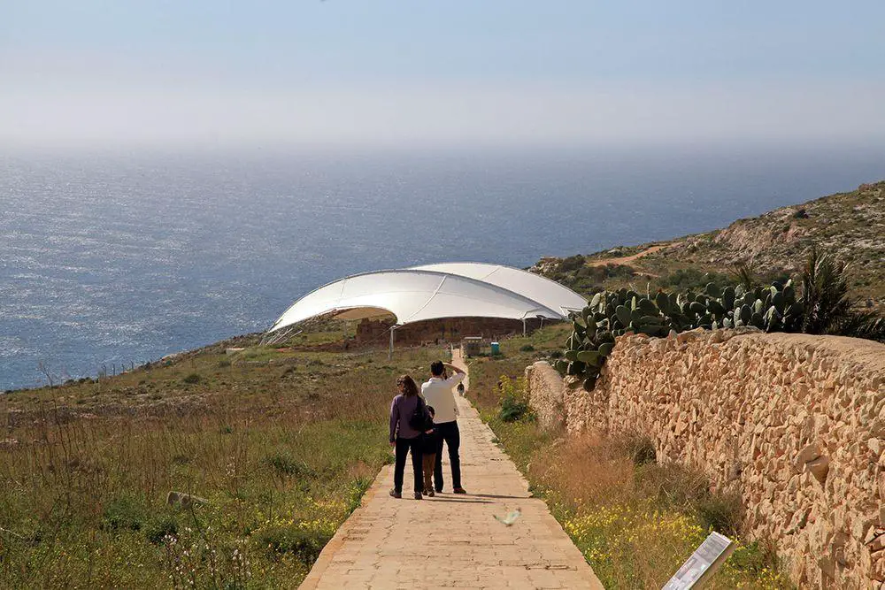 Mnajdra - temples with a view on the sea. Protective tent is more than 70 m wide