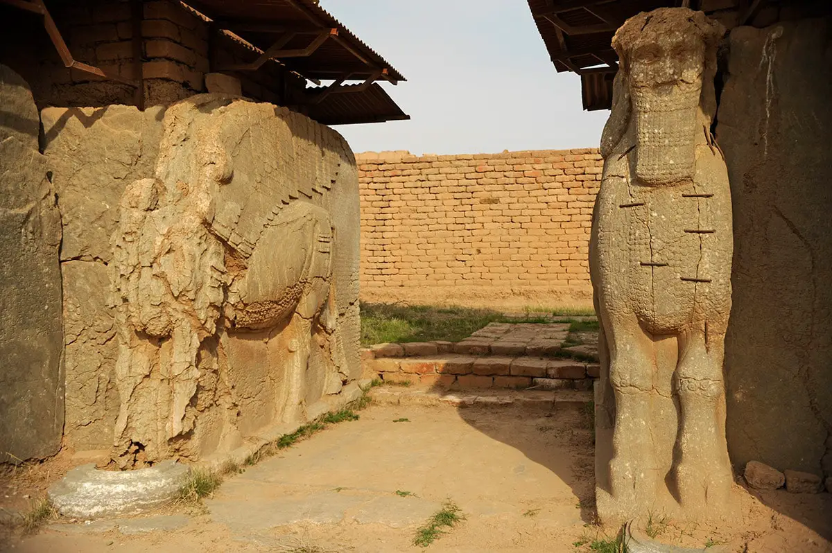 Sculptures of lamassu in Nimrud, entrance in the North-West Palace, Iraq