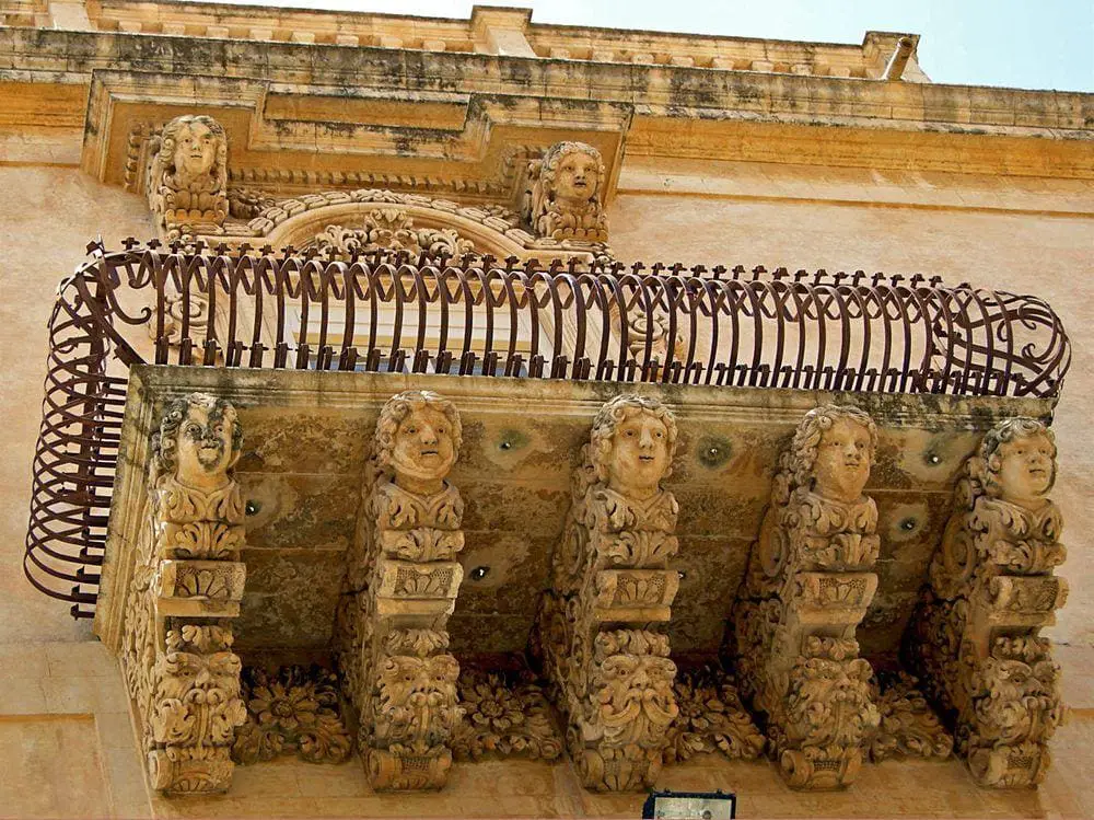 Balconies of Palazzo Villadorata in Noto, Sicily