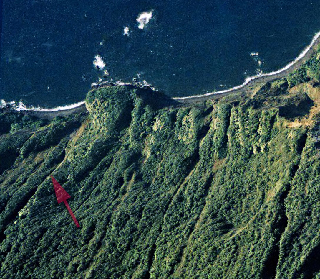 Olo'upena Falls from above, marked with red arrow
