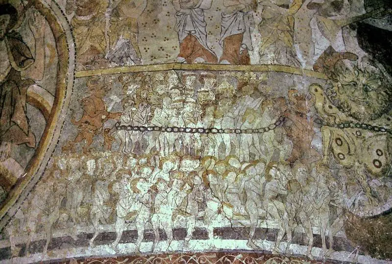 Sinners are meeting their fate in hell - shown as a dragon. Osterlars Church in Bornholm