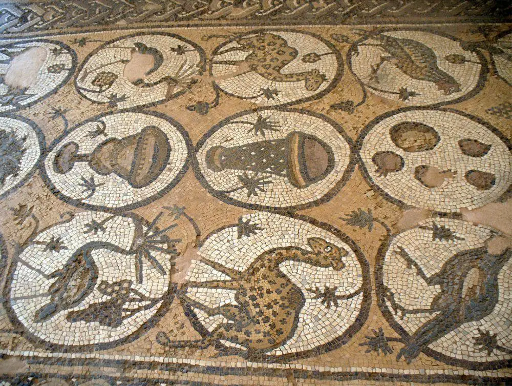 Byzantine mosaic on the floor of church, Jordan