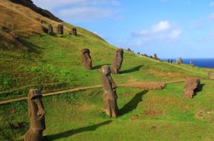 Slopes of Rano Raraku with abandoned moai, Rapa Nui
