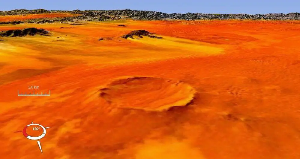 Roter Kamm crater, oblique model based on landsat image. Vertical elevation exaggerated two times, Namibia