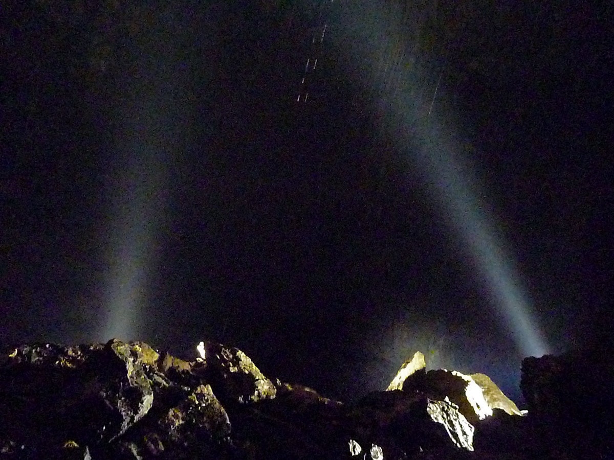 Powerful spotlights try to illuminate the Salle de la Verna, France