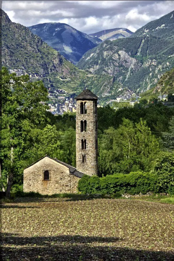 Church of Santa Coloma d'Andorra with Andorra la Vella in the background