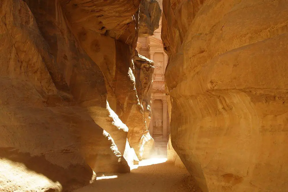 Siq with Al Khazneh seen in the background, Jordan. Flash floods in such narrow canyon can lead to catastrophic consequences
