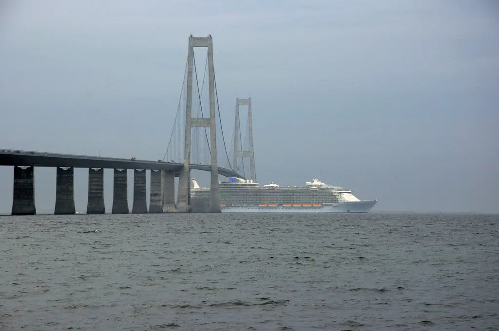 Great Belt Bridge with the largest cruise ship - Allure of the Seas - under it