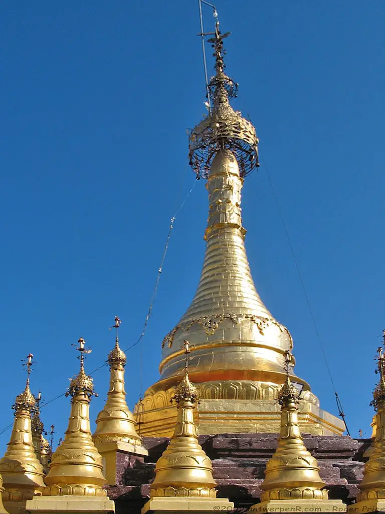 Gilded pagoda with ornate hti, Burma