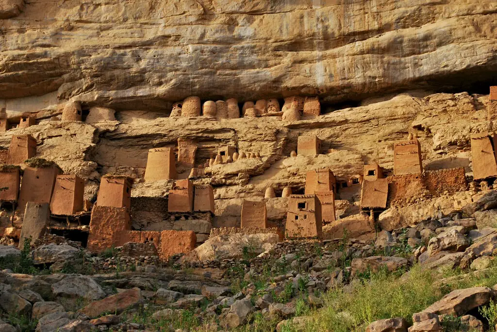 Teli village in Mali - Dogon houses in the forefront, Tellem houses - in the cliff