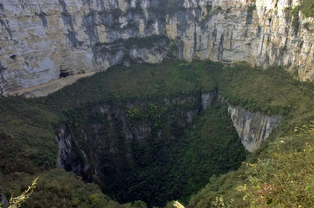 World's deepest sinkhole - Xiaozhai tiankeng, with tourist route visible