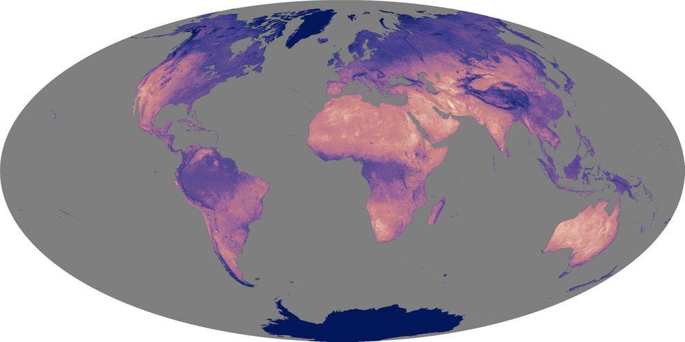 Land surface temperatures in 2003 - 2005, MODIS. The lighter the color, the hotter it is. Lut Desert in Iran is the hottest