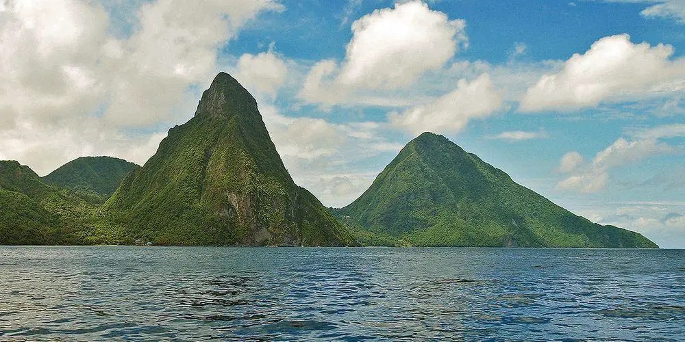 Pitons - main landmark of Saint Lucia. Petit Piton is the steepest mountain