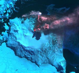 Mount Belinda eruption in September 2005, MODIS false color image