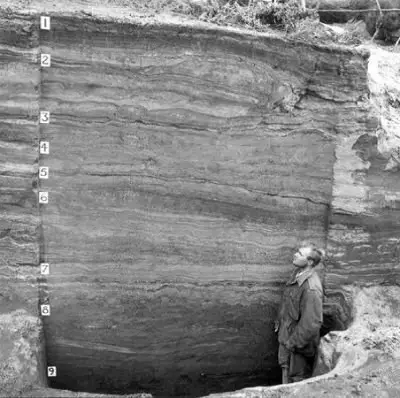 Stratigraphy in the Onion Portage site, archaeologist Douglass Anderson