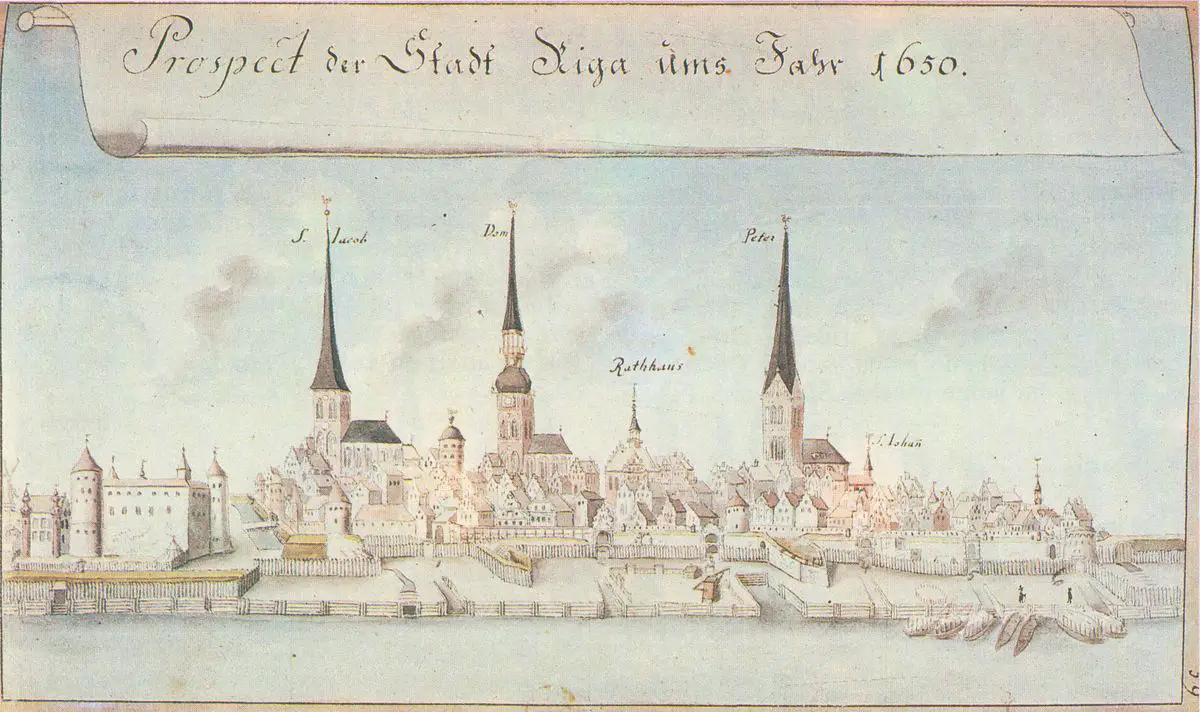 Riga in 1650. Riga Cathedral is in the middle.