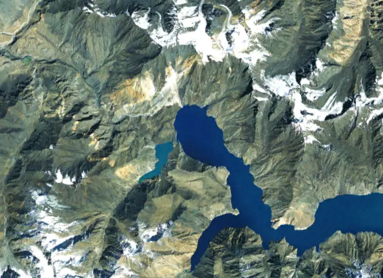 Sarez Lake, Usoi Dam, and Shadau Lake (smaller)
