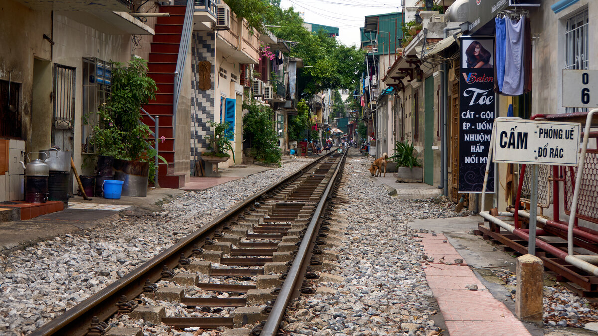 Street with train tracks in Hanoi