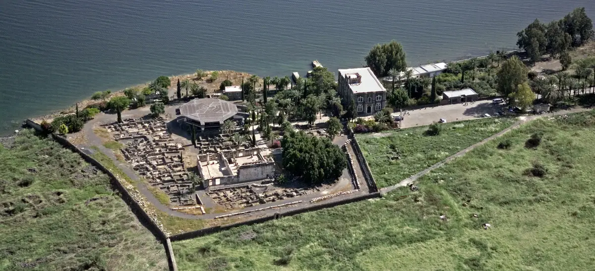 Capernaum from the air. St. Peter's Church is under the octagonal roof.