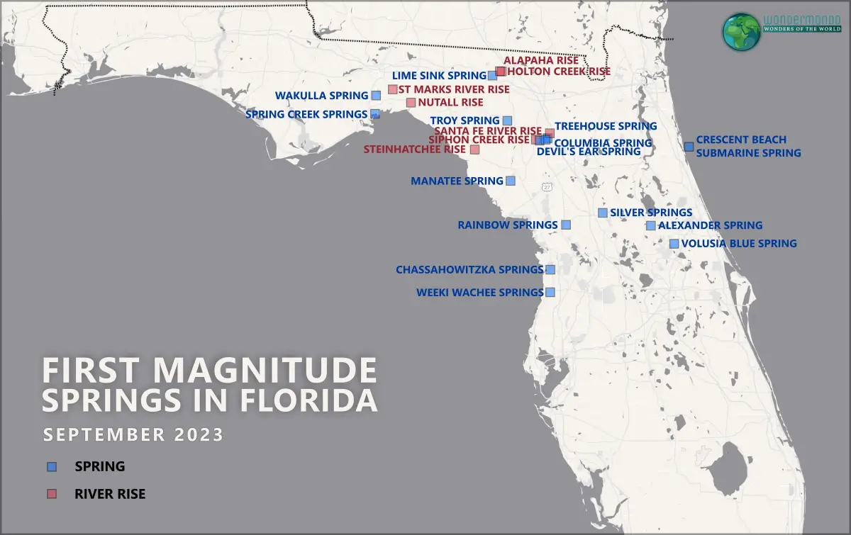 First magnitude springs in Florida, overview map