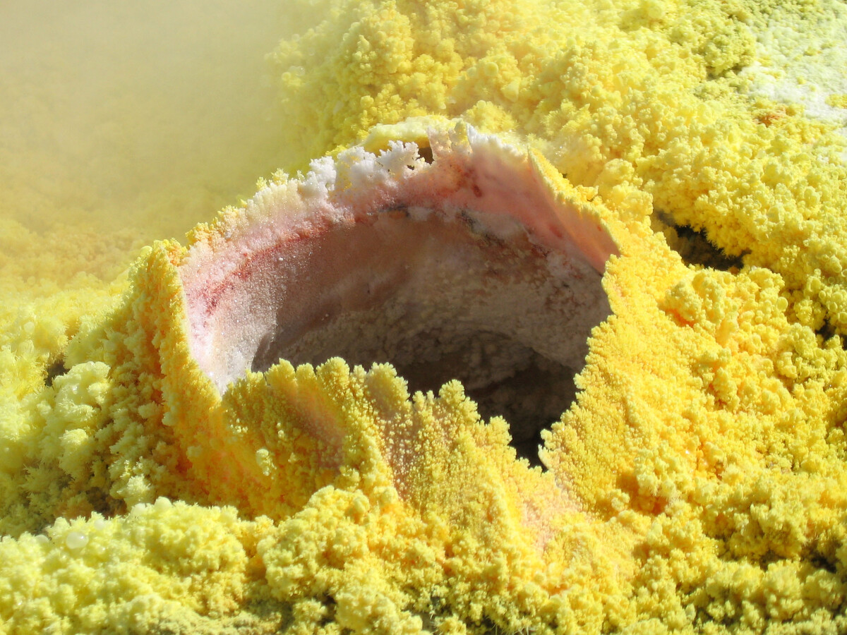 Sulfur-coated fumarole in Vulcano Island, Italy