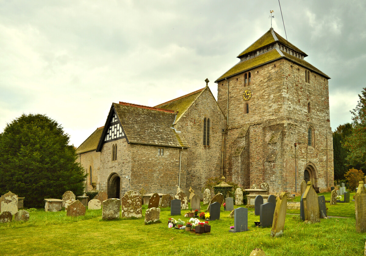 St. Georges Church in Clun. The remnant of the ancient yew is seen in the left side