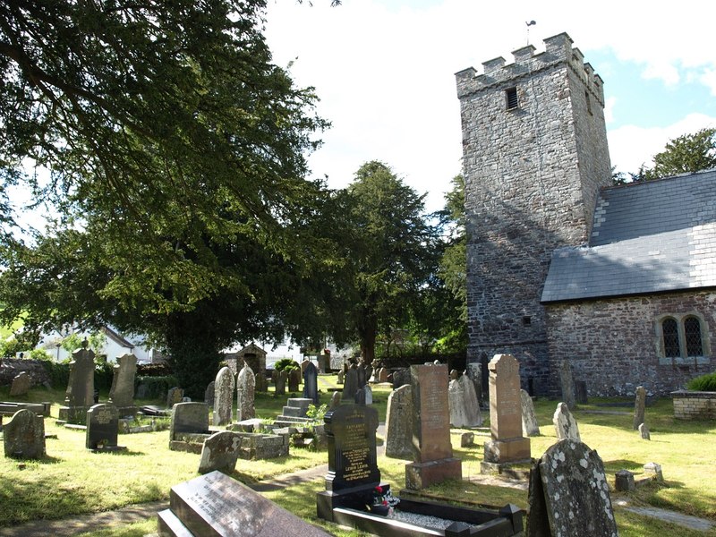 Ystradfellte St. Mary's Church and the old cemetery with some (No.4. and No. 1.) yew trees visible.